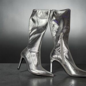 NEW Open Edit Viv Metallic Silver Womens Knee High Pointy Toe Heeled Boots